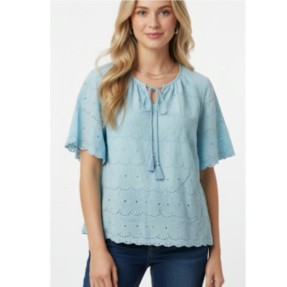 Catherine's Blouse 3x Womens Plus Size Blue Eyelet Detail V Neck‎ Cap Sleeve